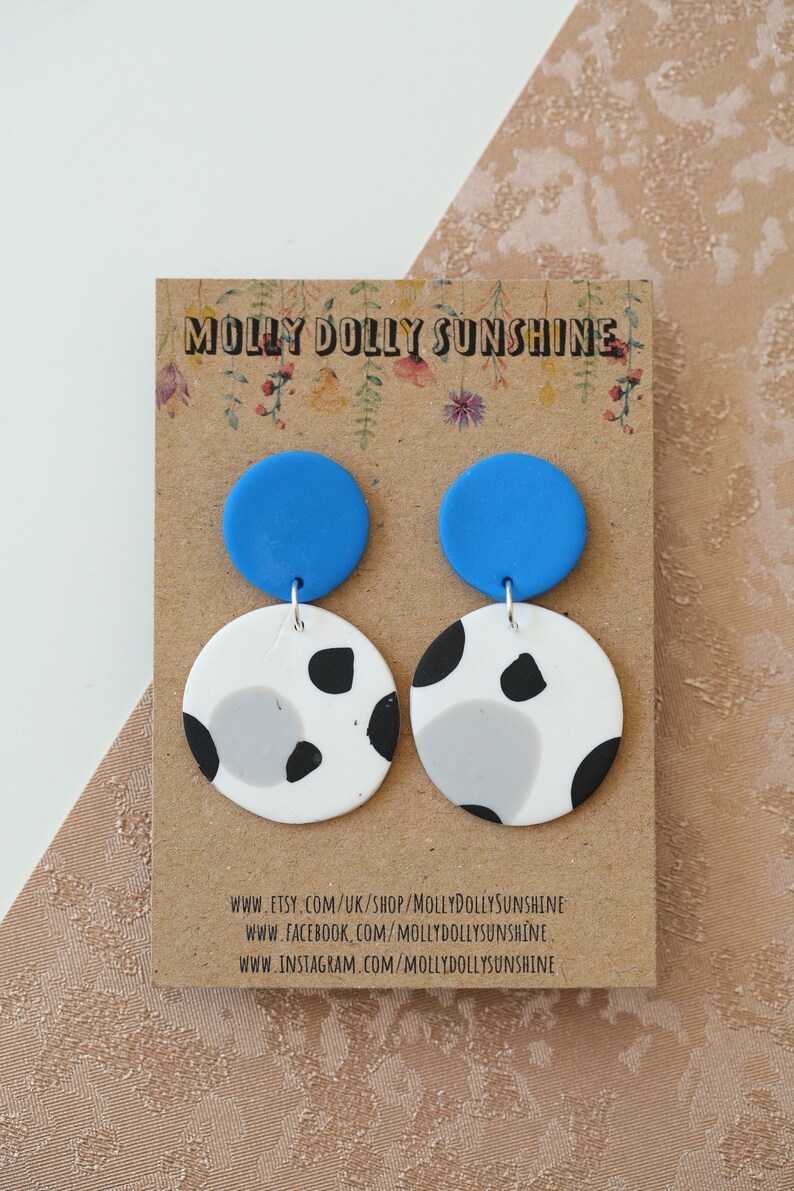 Electric BlueDalmatian Spot Monochrome STATEMENT one of a kind Polymer Clay circle dangle earrings