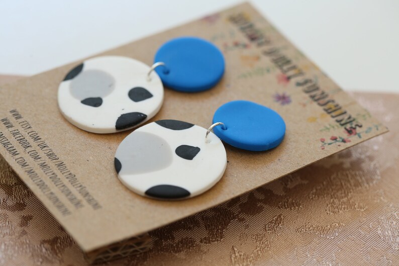 Electric BlueDalmatian Spot Monochrome STATEMENT one of a kind Polymer Clay circle dangle earrings