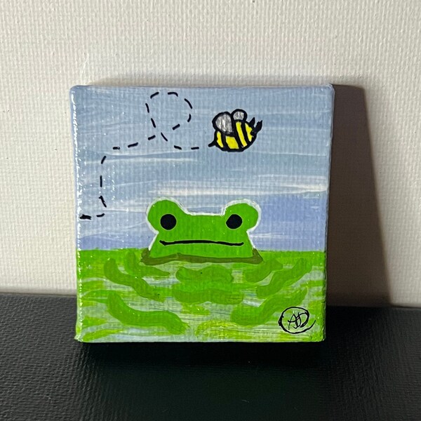 Froggy Lurking In The Waters; 2x2 - wall art - painting - acrylic - animal - cartoon - nursery - kid - lake - sky - clouds - river