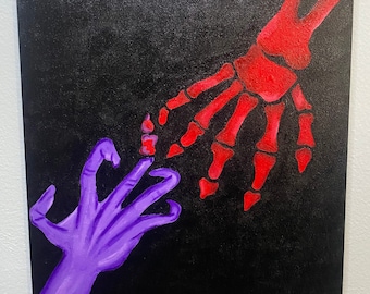 Reaching To you; 11x14 - skeleton - skull - bones - hands - wall art - painting - acrylic - black - purple - goth