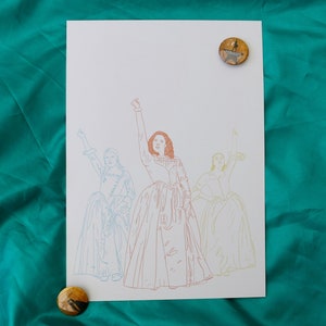 May include: Line drawing print of three women in gowns, with the woman in the center in red, the woman on the left in blue, and the woman on the right in yellow.