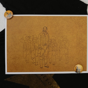 May include: A brown paper print with a black line drawing of seven people in colonial attire. The central figure is a man with a beard and hair, wearing a long coat and holding a sword. The other figures are standing behind him, some with their hands raised. The print is on a brown background.