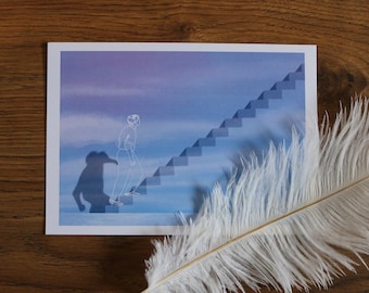 May include: A white outline of a person walking up a set of stairs against a purple and blue gradient background. The person's shadow is visible below them.