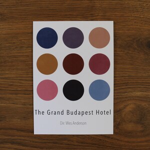 Puede incluir: Una tarjeta blanca con nueve círculos de colores dispuestos en tres filas. Los círculos son azules, morados, melocotón, marrones, granates, rosas, negros y azul claro. El texto "The Grand Budapest Hotel" y "Dir. Wes Anderson" está impreso debajo de los círculos.