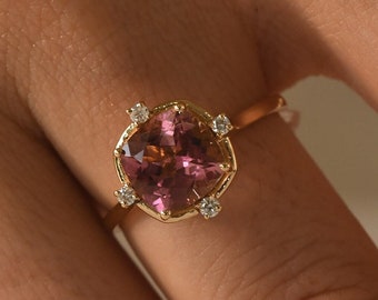 Antique Pink Tourmaline Ring 14k Rose Gold,Cushion Engagement Ring,October Wedding Ring,Diamond Accented,Art Deco Proposal Ring,Gift for Her