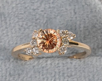 Oregon Sunstone Engagement Ring,14k Solid Gold,Dainty Halo Diamond Ring,Vintage Bridal Ring,Round Cut Sunstone Ring,Natural Sunstone Jewelry