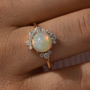 Precious Opal Engagement Ring/14k Solid Gold/Half Halo Diamond Ring/Wedding Ring/Anniversary Gift/Dainty Opal Ring/Proposal Ring for Women's