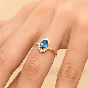 Oval Blue Topaz Diamond Halo Ring, 14k Engagement Ring, Women Cluster Ring, Yellow Gold Wedding Ring, Something Blue, Cocktail Ring For Love
