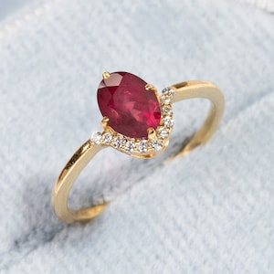 Solitaire Ruby Ring, Half Halo Diamond Engagement Ring, 18k Yellow Gold, Oval Gemstone Ring, Ruby July Birthstone Ring,10th Anniversary Gift