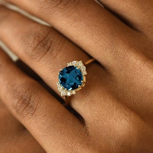 Unique Engagement Ring,Cushion Cut 14k Gold London Blue Topaz Ring,Antique Diamond Halo,Wedding Anniversary Gift,Something Blue For Her