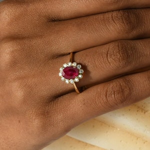 Ruby Halo Engagement Ring 14k Yellow Gold,Unique Genuine Ruby Wedding Ring,July Birthstone,Anniversary Promise Gift,Ruby Diamond Halo