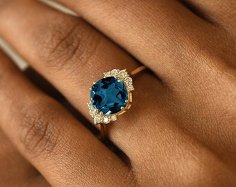 Unique Engagement Ring,Cushion Cut 14k Gold London Blue Topaz Ring,Antique Diamond Halo,Wedding Anniversary Gift,Something Blue For Her