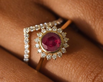 Ruby Engagement Ring Set: Diamond Stacking, 14k Gold Bridal Set
