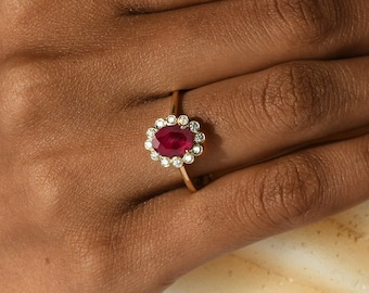 14k Yellow Gold Ruby Halo Engagement Ring, Oval Genuine Ruby Wedding Band, Diamond Accents