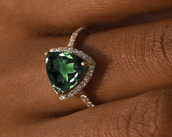 Trillion Green Tourmaline Halo Ring, 14k Solid Gold Diamond Band, Natural Gemstone Engagement Ring, Handmade Fine Jewelry Gift Green Wedding