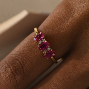 Handmade Ruby Promise Ring/Natural Ruby Wedding Band/Ruby Diamond Engagement Ring/Dainty Ring/14k Solid Gold/Stacking Ring/Three Stone Ring