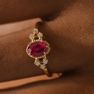 Vintage Style Ruby Ring in 14k Gold, Oval Red Gemstone with Diamond Accents, Dainty Engagement Band, Cluster Yellow Gold Ruby Ring, For Love
