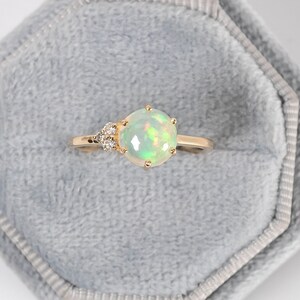 Solitaire Opal Statement Ring, Prong Engagement Ring, Diamond Accent Jewelry, 14K Yellow Gold Everyday Ring, Birthstone Gift, Opal Halo Ring