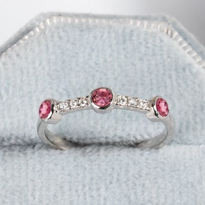 Natural Pink Tourmaline Wedding Band, Three Stone Stackable Ring, Yellow Gold Minimalist Ring, Bezel Set Diamond Ring, Handmade Jewelry Gift