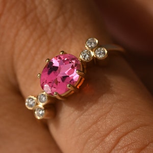 Pink Tourmaline Cluster Diamond Engagement Ring Set, East West Antique Ring, Chunky Solitaire Ring, Charm Pink Gemstone Ring, Gift For Love