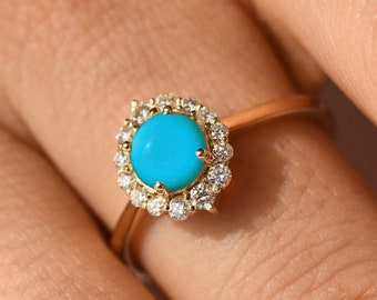 Natuurlijke blauw turkoois verlovingsring 14k geelgouden ronde turkoois met diamanten halo Doornroosje trouwring cadeau voor bruidsmeisje