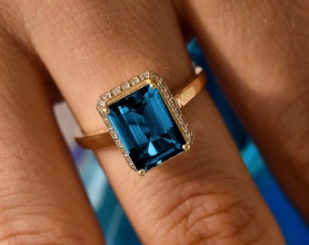 3.5 CT London Blue Topaz/Hidden Halo Ring/Topaz Diamond/December Birthstone/Engagement Ring/One Year Anniversary Gift/Vintage Promise Ring