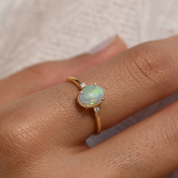 BESTSELLER! 14K Gold Opal Diamond Engagement Ring,Rose Gold Ethiopian Opal Oval Ring,Minimalist Three Stone Ring,Graduation Gift Daughter