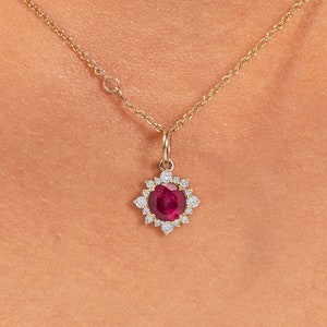 Solitaire Ruby Halo Pendant, Cluster Diamond Bridal Necklace In 14k Gold, July Birthstone Jewelry, Minimalist Women Pendant, Gift For Her