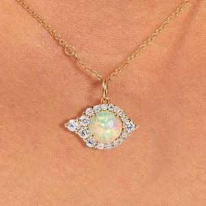14k Gold Opal Pendant Necklace,Dainty Opal Halo Diamond Pendant,Rose Gold Unique Wedding Bridal Gift,White Opal Necklace Women,Delicate