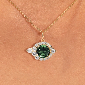 Genuine Tourmaline Green Stone Pendant, Solid 14k Gold Halo Diamond Pendant, Round Wedding Necklace, Solitaire Pendant, Anniversary Gift