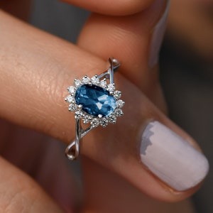 Floral London Blue Topaz Wedding Ring Halo Diamond Ring 14k Solid Gold Split Shank Ring Oval Cut Topaz Art Deco Jewelry Anniversary Gift