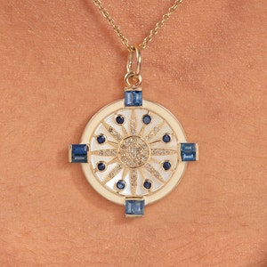 14k Goldanhänger, natürlicher Baguette-Saphir & Perlmuttanhänger, Diamant-Sunburst-Anhänger, antiker Art-Deco-Schmuck, Hochzeitskette