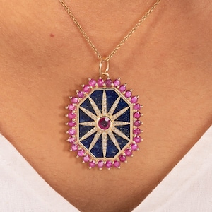 Natural Lapis Lazuli & Ruby Pendant/Classic Diamond Necklace/Blue Gemstone/14k Solid Gold/Handmade Necklace/Vintage Jewelry Gift for Women&#39;s