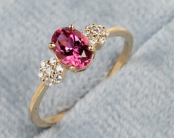 Pink Tourmaline Engagement Ring 14k Solid Gold Nature Inspired Flower Ring Cluster Diamond Oval Cut Tourmaline Wedding Ring Valentine Gift