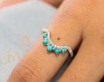 Doornroosje turquoise trouwring, stapel diamanten band, 14k witgoud, natuurlijk turkoois, minimalistische verlovingsring, unieke bruidsring