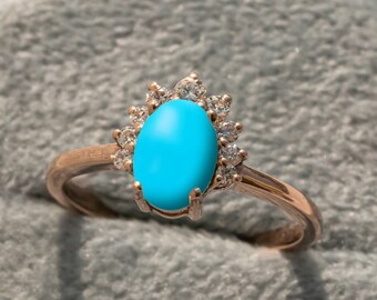 Turquoise verlovingsring Doornroosje, diamanten halo, 14 kt goud