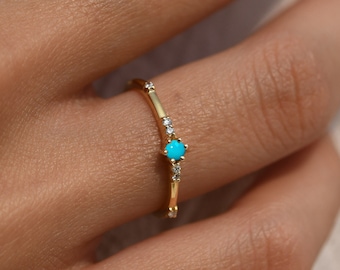 Sleeping Beauty Turquoise Wedding Band,Minimalist Everyday Ring,14k Gold Engagement Ring,Diamond Stackable Anniversary Ring,Gift for Her