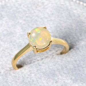 Minimalist Opal Ring,Solid 14k Gold,4-Prong Opal Engagement Ring,October Birthstone,Handmade Ring Woman,Opal Solitaire Ring,Simple Gold Ring