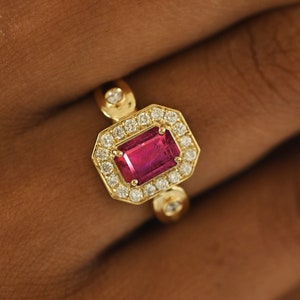 Emerald Cut Ruby Ring,Art Deco Style Genuine Ruby Engagement Ring,Solid 14k/18k Rose Gold,Diamond Halo Wedding Anniversary Ring Woman