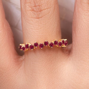 Half Eternity Ruby Ring, 14k Yellow Gold Stackable Ring, Unique Wedding Band, Minimalist July Birthstone Ring, Fine Jewelry, Gift For Wife