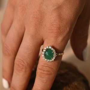 Rose Cut Emerald Halo Ring in 14k Gold, Oval Green Gemstone Engagement Ring with Diamond Halo, May Birthstone Ring, Fine Jewelry For Gift