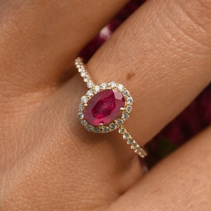 14K Gold Ruby Diamond Ring,Oval Engagement Ring,July Birthstone,Genuine Ruby Wedding Ring,Anniversary Promise Bridal Ring,Gift for Her