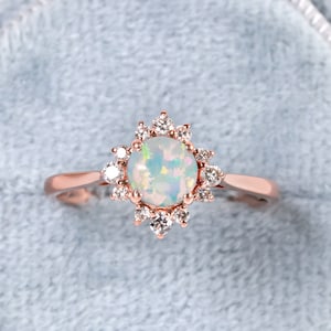 14k Solid Gold Opal Diamond Ring,Floral Engagement Ring,October Birthstone Jewelry,Unique One Year Anniversary Gift,Promise Ring for Wife