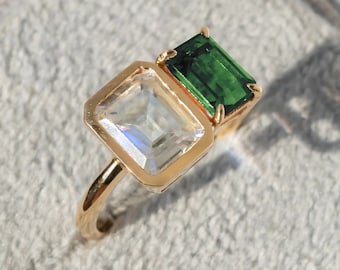14金14K グリーン天然石 ストーン　エメラルドカット ゴールドリング指輪 グリーントルマリン＆ムーンストーンリング/エメラルドカットリング