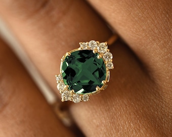 Cushion Cut Tourmaline Engagement Ring,Diamond Accent,18k Solid Gold,Green Tourmaline Ring,Pink Tourmaline,Chunky Ring,Proposal Gift for Her