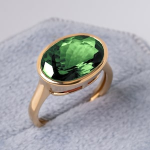 5 Ct Oval Green Tourmaline Ring in 14k Gold,  Bezel Set Gemstone Statement Ring, Solitaire Bold Gold Promise Ring, Birthstone Jewelry Gift