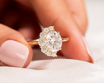 2Ct Oval Lab Grown Diamond Half Halo Engagement Ring, 14k Solid Gold Solitaire Ring