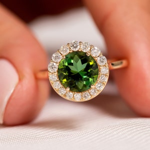 Green Tourmaline Diamond Halo Ring, 14k Solid Gold Round Gemstone Ring, Natural Green Stone Ring, Engagement Ring, Gift for Her Fine Jewelry