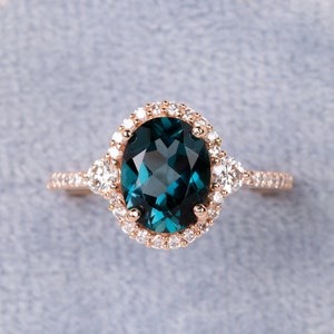 Anillo de compromiso con topacio azul de 1,5 ct, halo de diamantes, oro macizo de 14 k, topacio azul Londres de talla brillante, anillo de bodas macizo, piedra de nacimiento de diciembre.