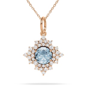 Luxurious Aquamarine Diamond Pendant,14k Yellow Gold Necklace,Blue Gemstone Pendant,Vintage Wedding Pendant,Halo Diamond Pendant,Bridal Gift
